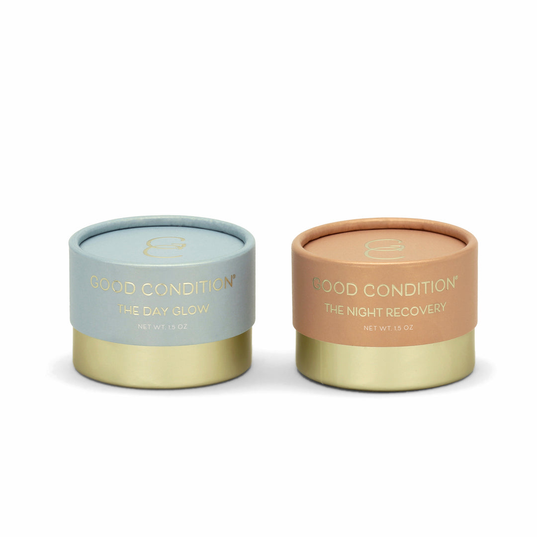 The Day Glow and The Night Recovery facial moisturizer boxes.