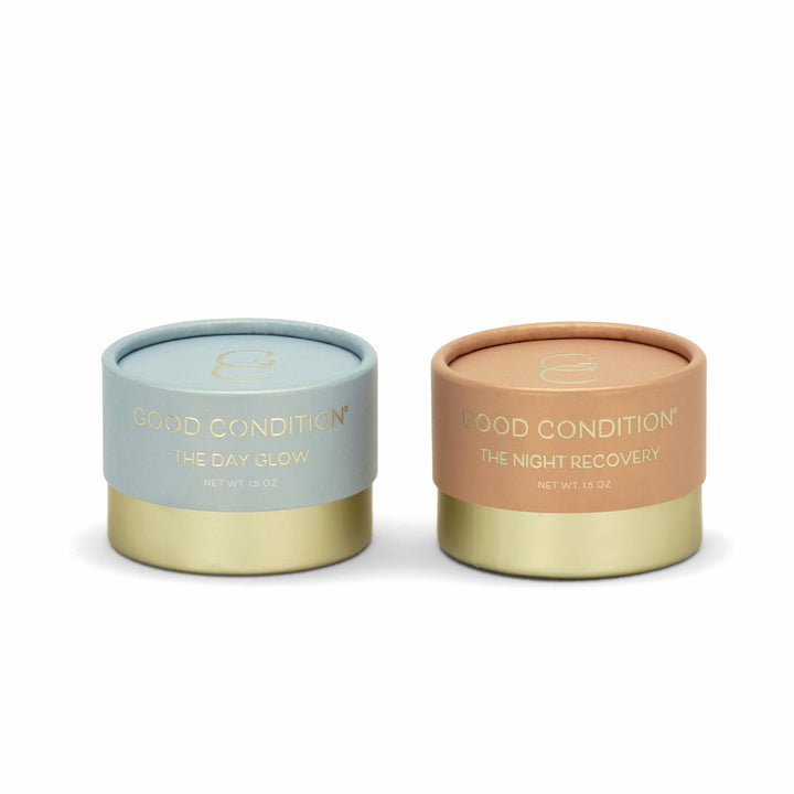 The Day Glow and The Night Recovery facial moisturizer boxes.