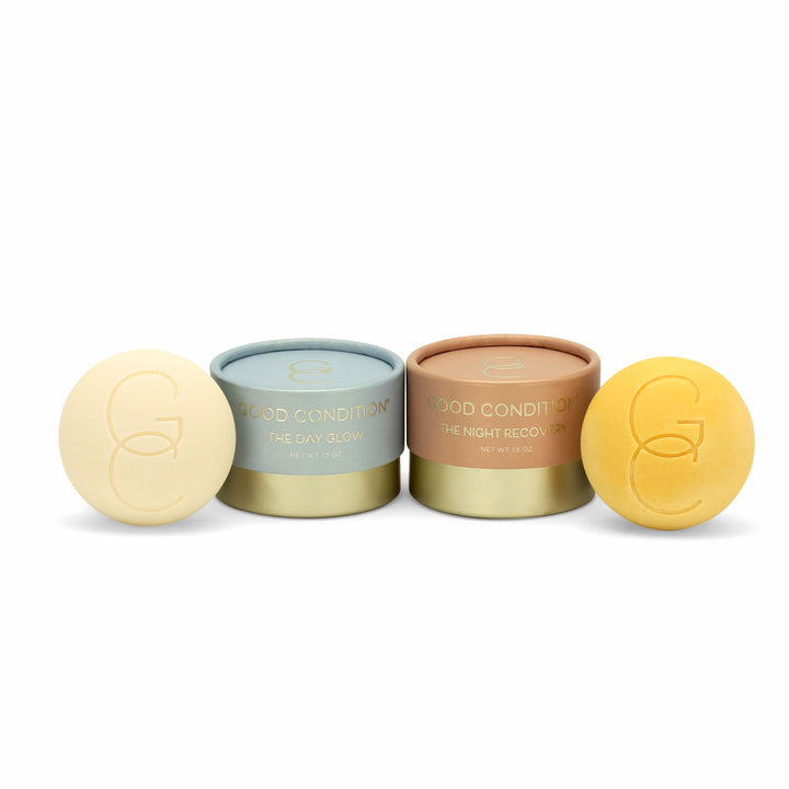 The Day Glow and The Night Recovery facial moisturizers, with their boxes.